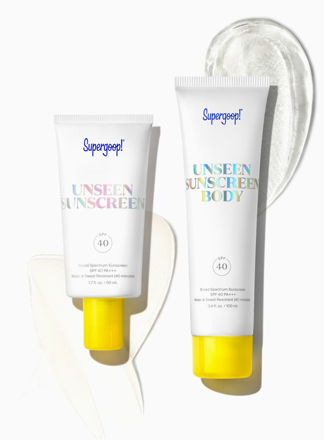Supergoop! Unseen Sunscreen SPF 40 and Unseen Sunscreen Body SPF 40 packshot with textures