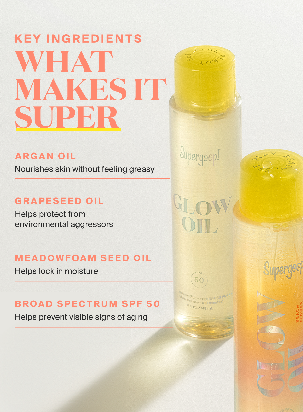 Supergoop! Glow Oil SPF 50 Body Oil  Beach Flower / Sunkissed Coconut / Unscented / Unscented