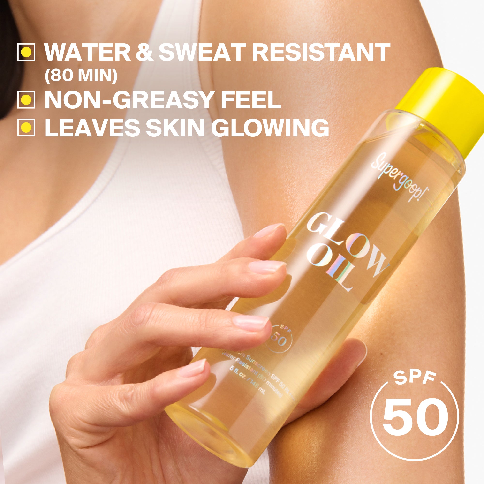 Supergoop! Glow Oil SPF 50 Beach Flower  and Sunkissed Coconut and Unscented 5 fl. oz. and 1 fl. oz.