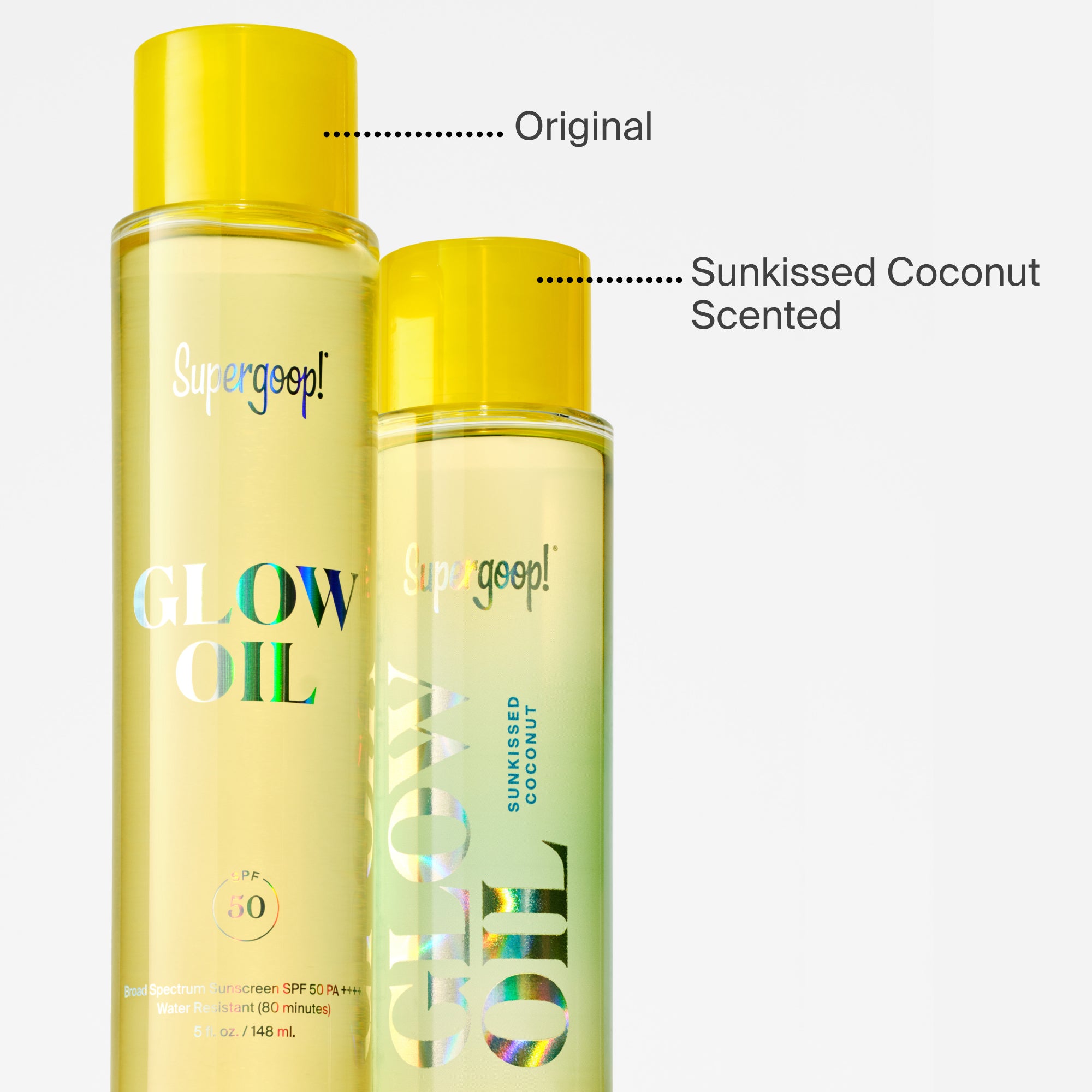 Supergoop! Glow Oil SPF 50 Beach Flower  and Sunkissed Coconut and Unscented 5 fl. oz. and 1 fl. oz.