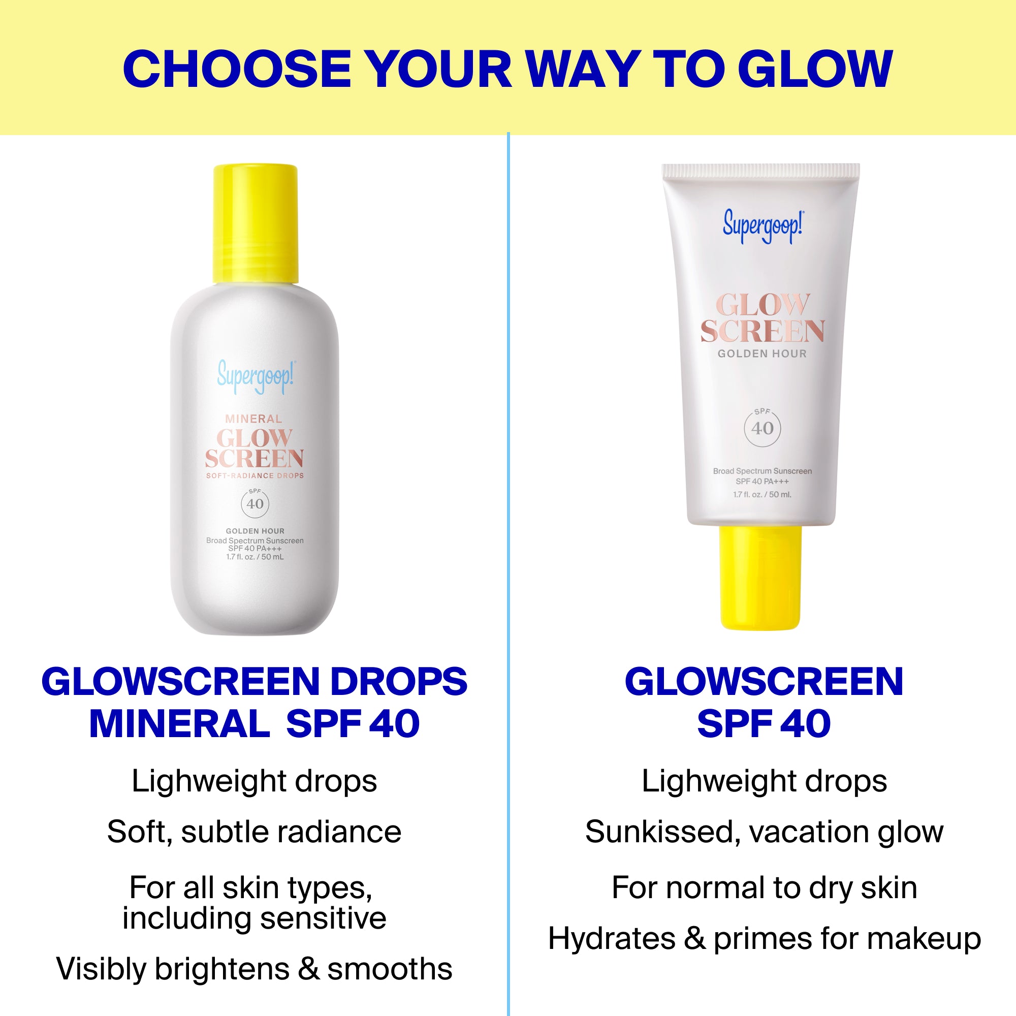 Glowscreen Soft-Radiance Drops Mineral SPF 40 Sunrise 1.7 fl. oz. Golden Hour 1.7 fl. oz. Sunset 1.7 fl. oz.
