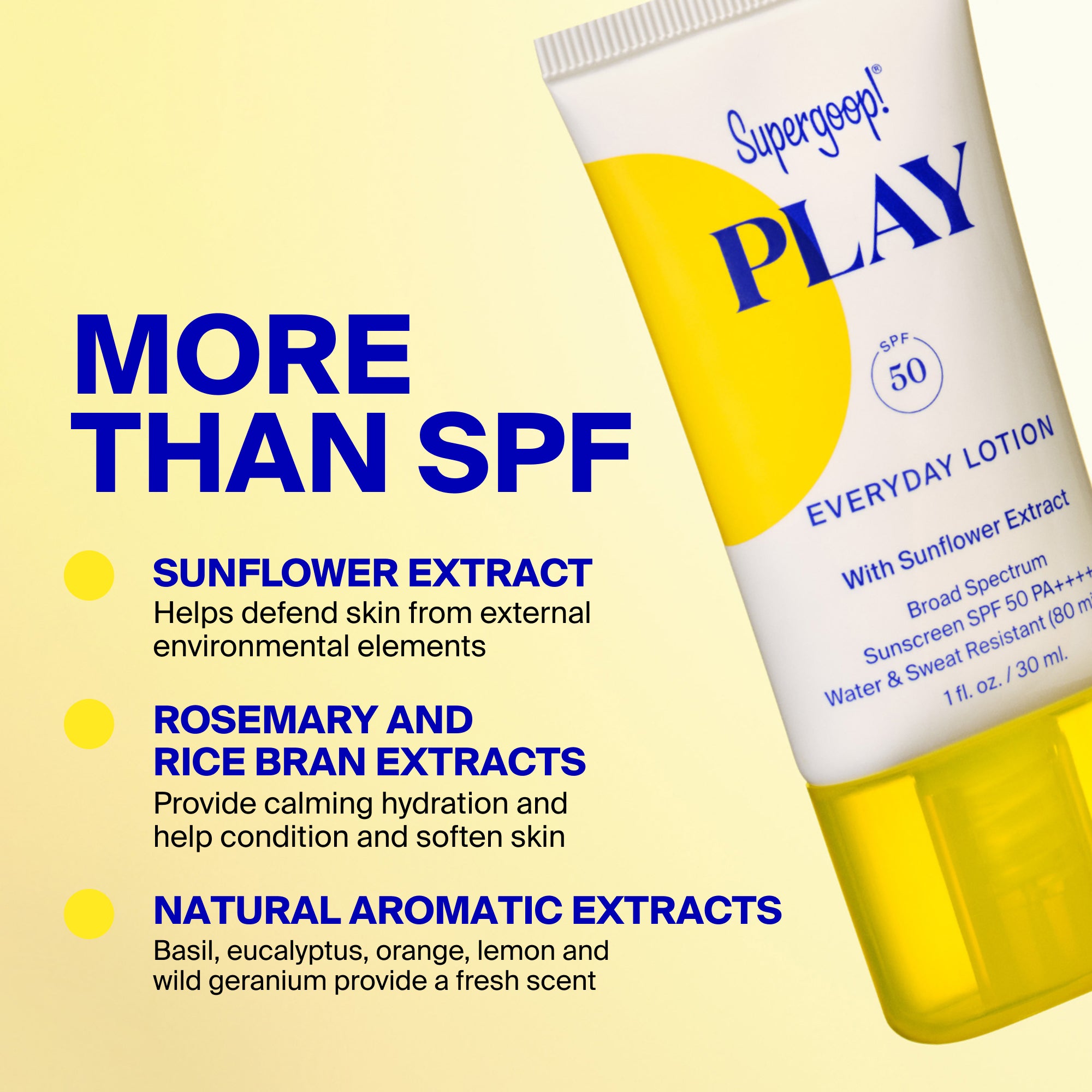 Supergoop! PLAY Everyday Lotion SPF 50 with Sunflower Extract 1 fl. oz., 2.4 fl. oz., 5.5 fl.  oz. 18 fl. oz. and 2-pack  