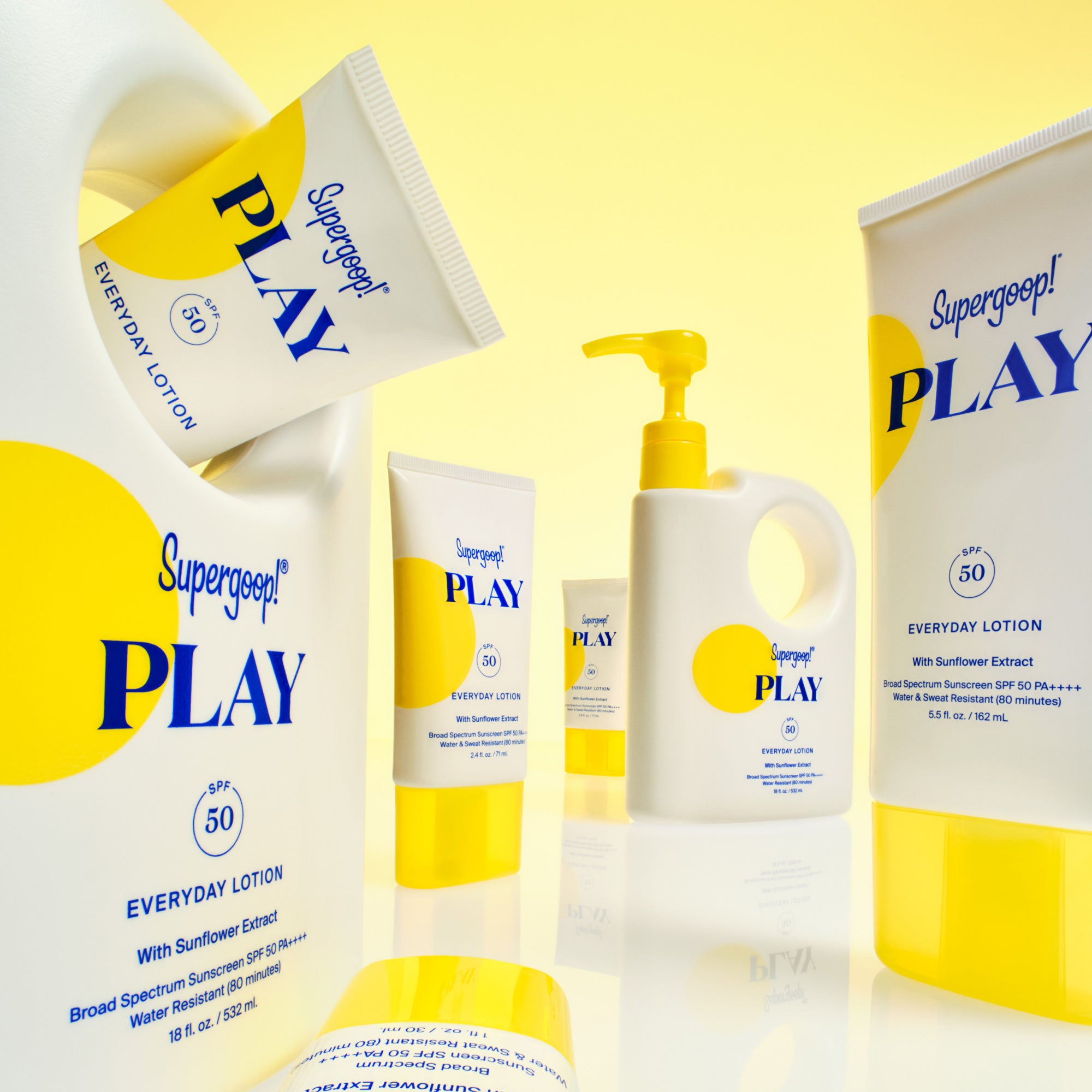 Supergoop! PLAY Everyday Lotion SPF 50 with Sunflower Extract 1 fl. oz., 2.4 fl. oz., 5.5 fl.  oz. 18 fl. oz. and 2-pack  