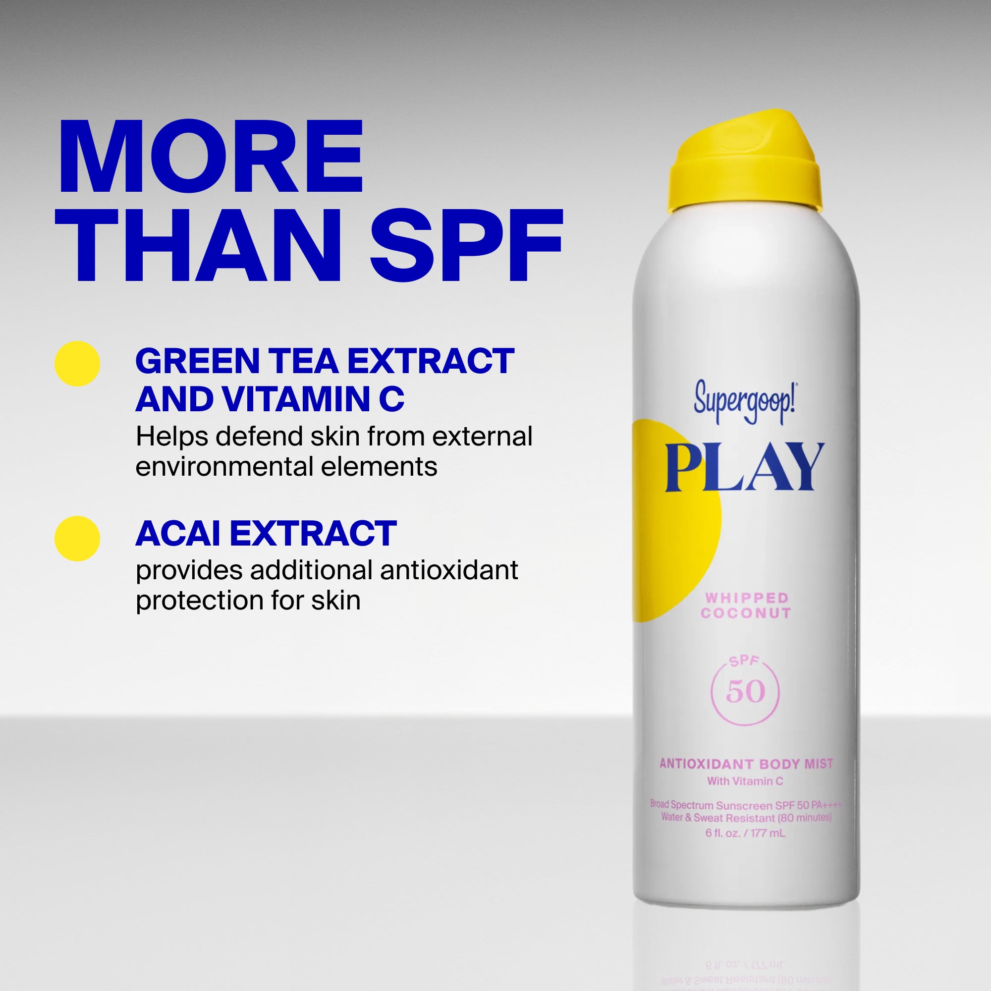 Supergoop! PLAY Antioxidant Body Mist SPF 50 with Vitamin C Whipped Coconut 6 fl. oz. Packshot and goop