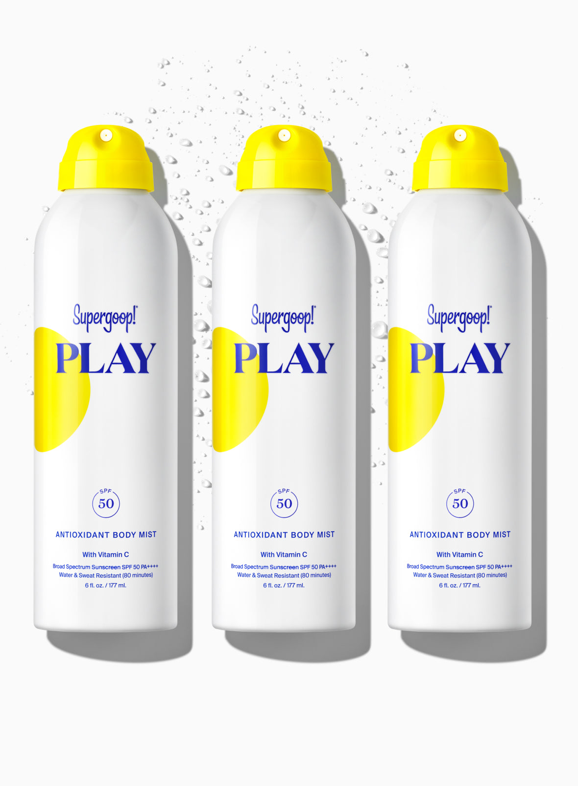 Supergoop! PLAY Antioxidant Body Mist SPF 50 with Vitamin C Sunny Citrus 3-pack Mist Packshot and goop 