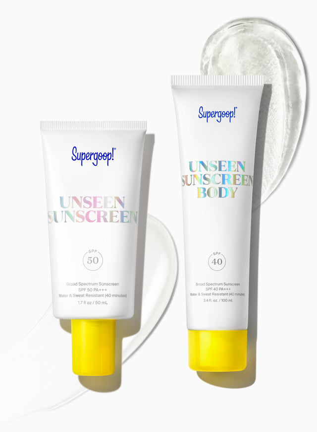 Supergoop! Unseen Sunscreen SPF 50 and Unseen Sunscreen Body SPF 40 packshot with textures