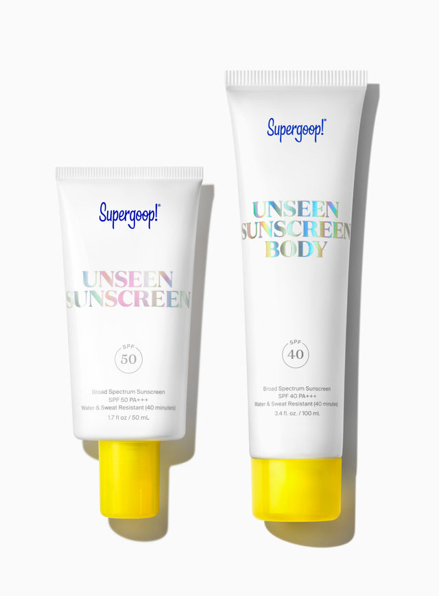 Supergoop! Unseen Sunscreen SPF 50 and Unseen Sunscreen Body SPF 40 packshot