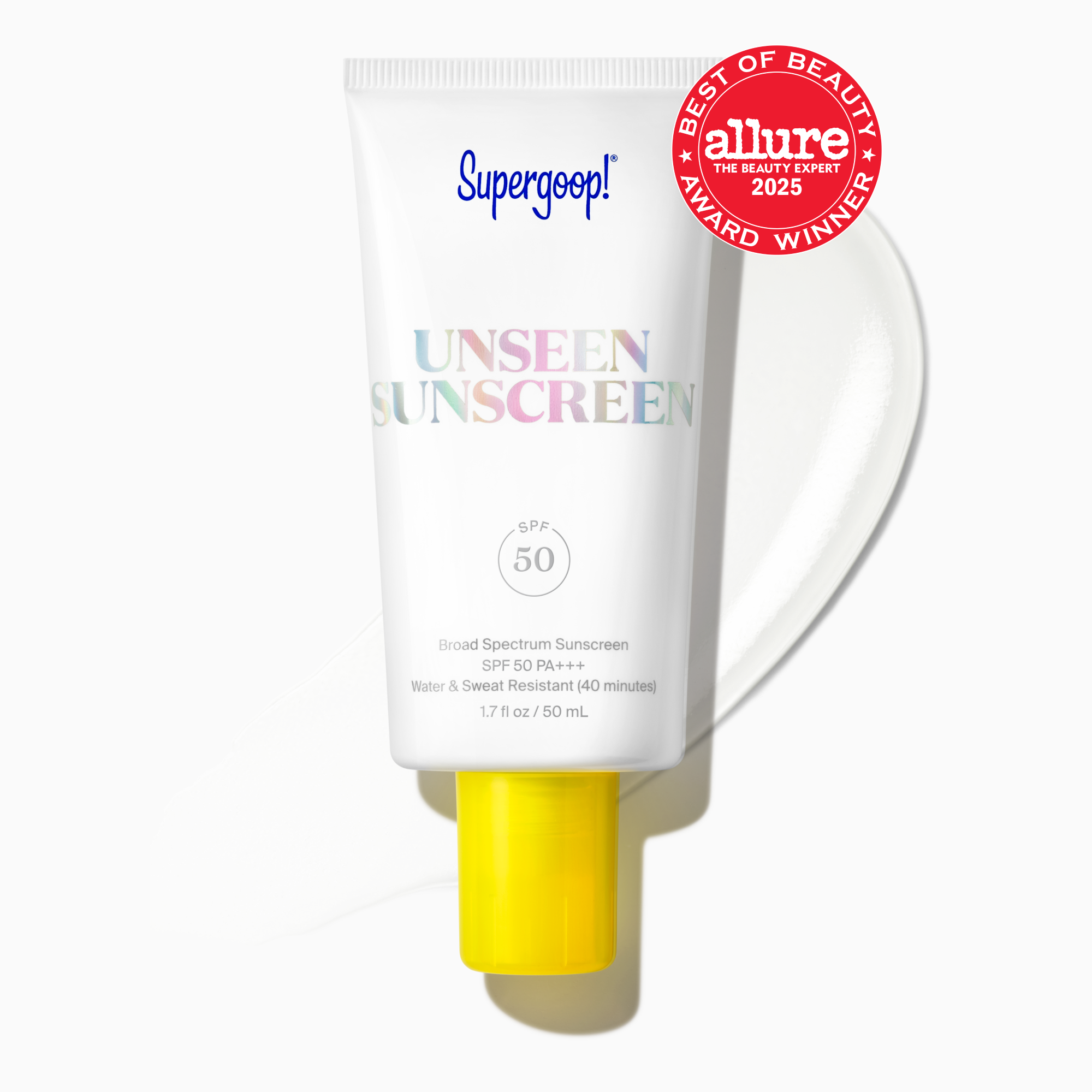 A sleek, orange and white tube of Supergoop! Unseen Sunscreen SPF 40 PA+++, standing upright on a marble surface.